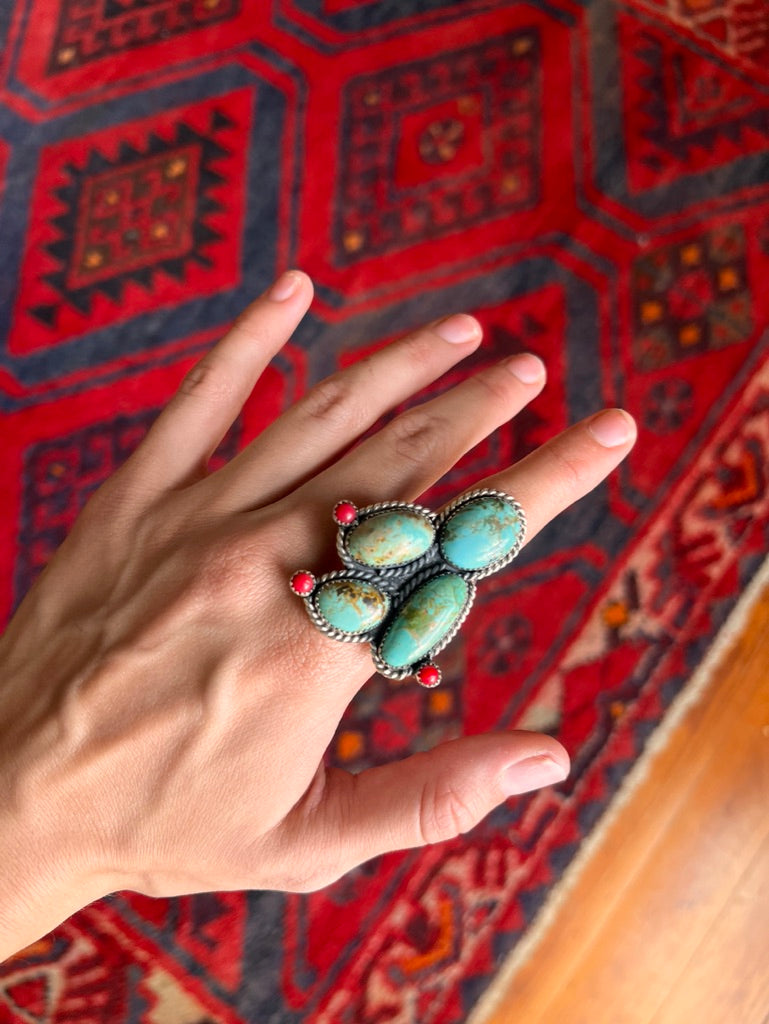 Natural Coral and Turquoise "cacti" Ring